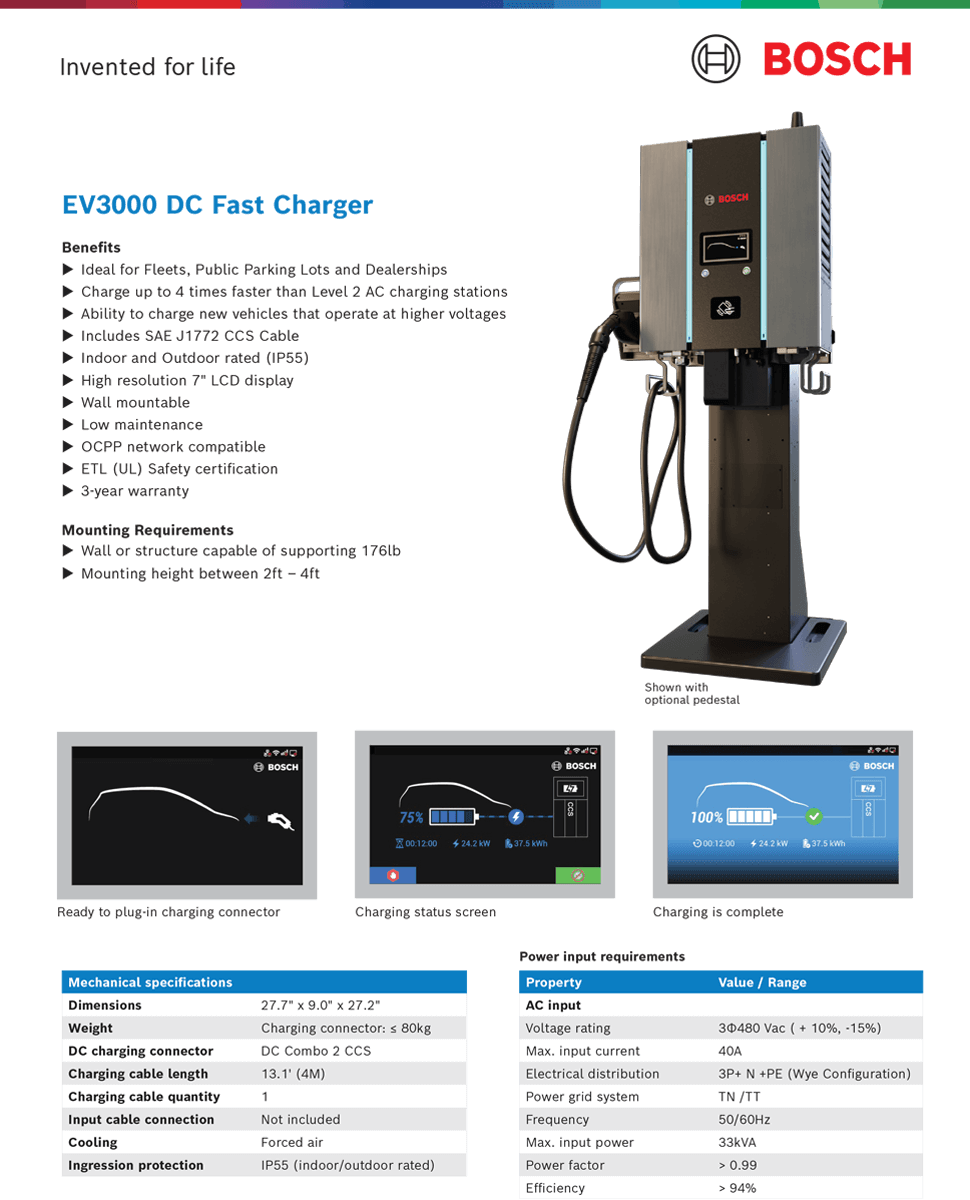 Bosch EV3000 DC Fast Charger 480V 3P 40A Circuit Charging Station with 13 Cord Plug in